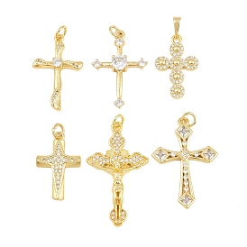 Brass Micro Pave Clear Cubic Zirconia Pendants, Cross Charms