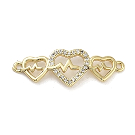 Rack Plating Brass Micro Pave Clear Cubic Zirconia Triple Heart Connector, Long-Lasting Plated, Lead Free & Cadmium Free