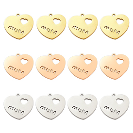 12Pcs 3 Colors Ion Plating(IP) 304 Stainless Steel Pendants, Heart with Word Mom, for Mother's Day