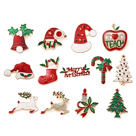 Christmas Theme Enamel Pins, Golden Alloy Rhinestones Brooches for Backpack Clothes