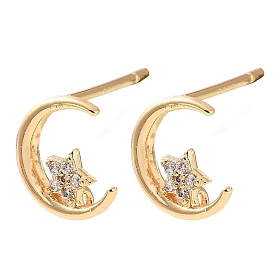 Brass Rhinestone Stud Earring Findings, Moon, with Loop