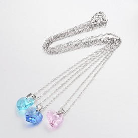 Platinum Plated Brass Necklaces, with Glass Heart Pendant and Spring Ring Clasps, 17.9 inch, 1.6mm