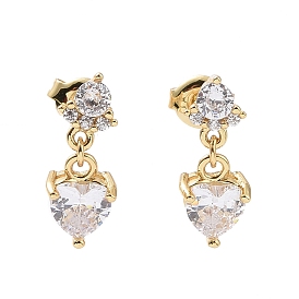 Clear Cubic Zirconia Heart Dangle Stud Earrings, Rack Plating Brass Jewelry for Women, Cadmium Free & Lead Free