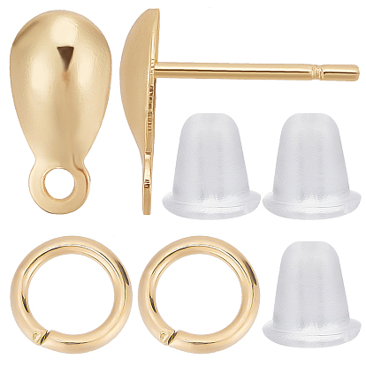 100 шт 304 детали серьги-гвоздики из нержавеющей стали, с горизонтальными петлями, слеза, с латунными открытыми соединительными кольцами и пластиковыми ушными гайками (1 шт.)