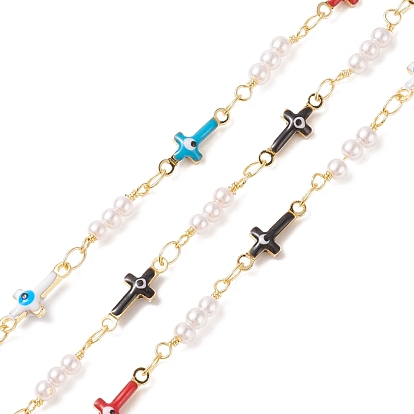 Brass Enamel Cross with Evil Eye Link Chains, with CCB Imitation Pearl Beaded, Soldered, with Spools, Cadmium Free & Lead Free, Real 18K Gold Plated