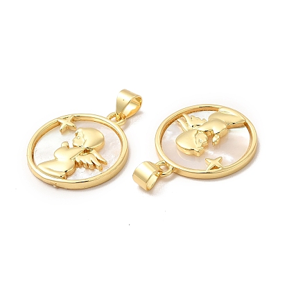 Rack Plating Brass with Shell Pendants, Flat Round with Angel Charms, Cadmium Free & Lead Free