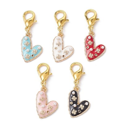 Coeur avec décorations de pendentif en émail en alliage de fleur, avec perles d'imitation ABS et fermoirs mousquetons en alliage de zinc