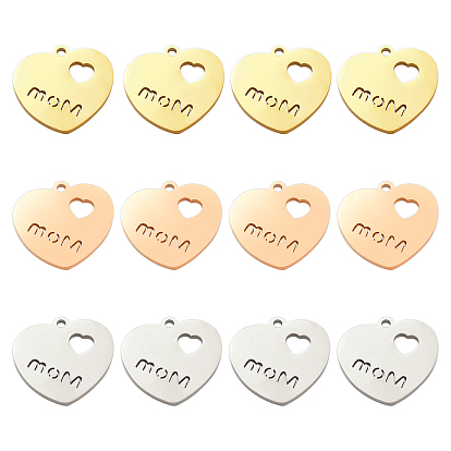 12Pcs 3 Colors Ion Plating(IP) 304 Stainless Steel Pendants, Heart with Word Mom, for Mother's Day