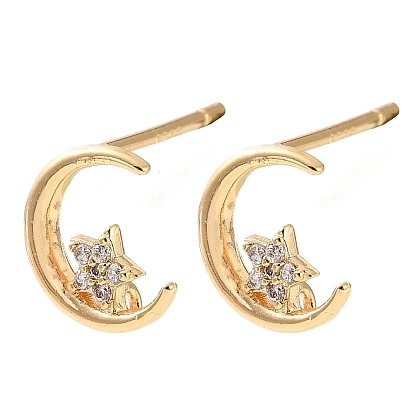 Brass Rhinestone Stud Earring Findings, Moon, with Loop