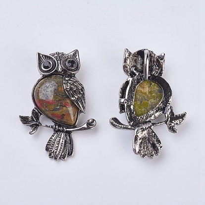 Gemstone Pendant, with Alloy Findings and Rhinestone, Owl