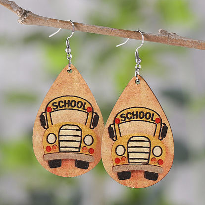 Деревянные серьги-подвески в форме слезы с рисунком школьного автобуса, платина