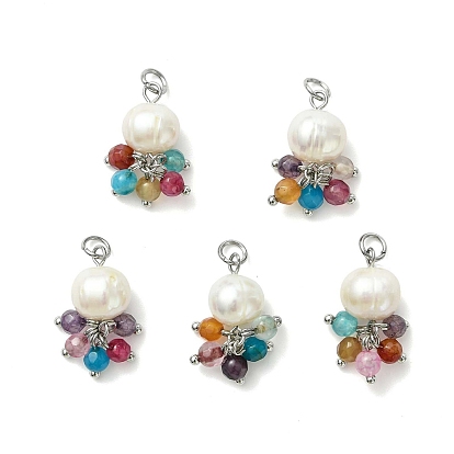 Подвески из натурального агата (окрашенного и подвергнутого термической обработке) и жемчуга., граненые круглые подвески в виде картофеля с петлями из нержавеющей стали, разноцветные