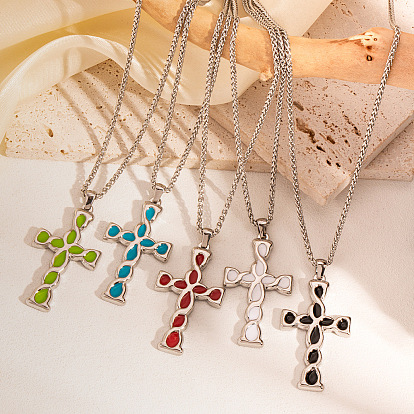 Ожерелья с подвеской-крестом из нержавеющей стали с эмалью, цвет нержавеющей стали