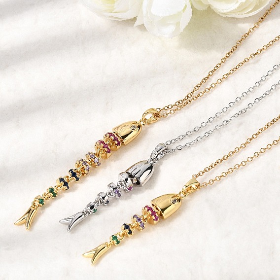 201 Подвеска в виде рыбьей кости из нержавеющей стали с цветными фианитами, инкрустированная кубическим цирконием, для женщин