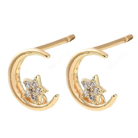 Brass Rhinestone Stud Earring Findings, Moon, with Loop