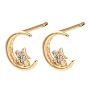 Brass Rhinestone Stud Earring Findings, Moon, with Loop
