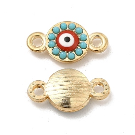 Alloy Connector Charms with Enamel and Synthetic Turquoise, Flat Round Links with Red Evil Eye, Nickel
