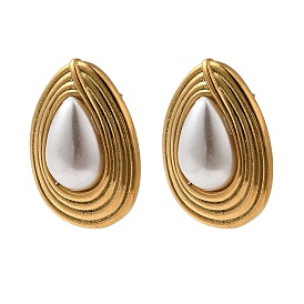 304 Stainless Steel & Plastic Pearls Hoop Earrings for Women, Teardrop