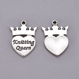Tibetan Style Crown with Heart Carved Word Knitting Queen Alloy Pendants, Cadmium Free & Lead Free