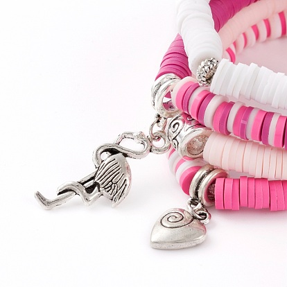4 шт 4 стили полимерная глина хейши бусины эластичные браслеты наборы, штабелируемые браслеты, со сплавными европейскими бусинами и подвесками, фламинго и сердце, античное серебро