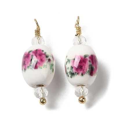 Colgantes hechos a mano de la porcelana, con fornituras de latón, real 18 k chapado en oro, barril con diseño de flores