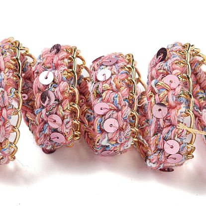 Polyester Crochet Lace Trim, Knitted Decor Trimming with Golden Tone Aluminium Chain & PVC Paillettes, for Clothes Bridal Dress