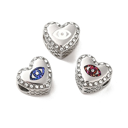 304 Stainless Steel European Beads, Large Hole Beads, with Rhinestone and Enamel, Heart with Evil Eye, Mixed Color