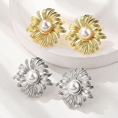 Серьги-гвоздики из латуни, АБС-пластика, искусственный жемчуг, цветок, долговечный, без свинца и без кадмия