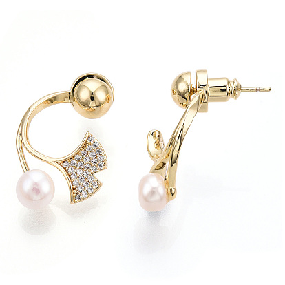 Ginkgo Leaf Natural Pearl Front Back Stud Earrings with Cubic Zirconia, Brass Drop Earring with 925 Sterling Silver Pins