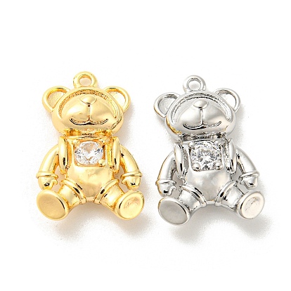Brass Micro Pave Cubic Zirconia Pendants, Cadmium Free & Nickel Free & Lead Free, Bear