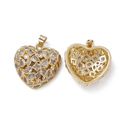 Rack Plating Brass Micro Pave Cubic Zirconia Pendants, Convexd Heart Charm, Cadmium Free & Lead Free, Long-Lasting Plated, Real 18K Gold Plated
