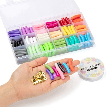 DIY Jewelry Making Kits, Including Curved Tube Opaque Acrylic Beads, Brass Spacer Beads, Elastic Crystal Thread