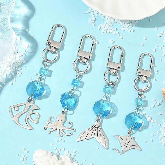 4 шт. 4 стили морских животных 304 подвесные украшения из нержавеющей стали, со стеклянными бусинами и поворотными застежками из сплава