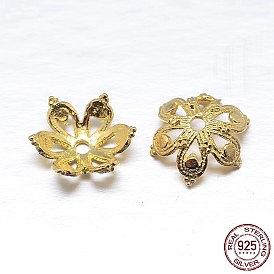 Real 18K Gold Plated 6-Petal 925 Sterling Silver Bead Caps, Flower, 10x4mm, Hole: 1mm, about 48pcs/20g
