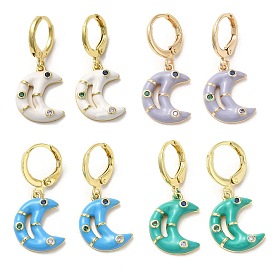 Crescent Moon Real 18K Gold Plated Brass Dangle Leverback Earrings, with Enamel and Cubic Zirconia