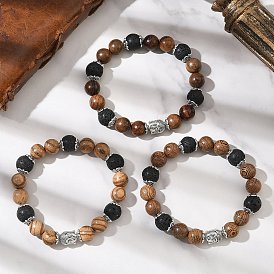3Pcs 3 Colors Natural Wood & Lava Rock Round Beads Stretch Bracelets, Alloy Buddha Head Bead Bracelets for Men Women