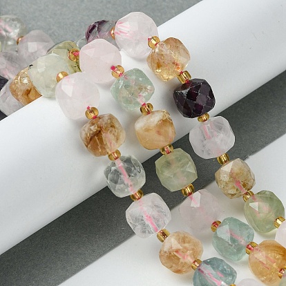 Natural Colorful Quartz Beads Strands, with Seed Beads, Faceted Cube