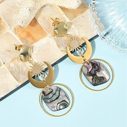 201 Stainless Steel & Natural Paua Shell Pendants Dangle Earrings, Sun with Moon, Brass Stud Earrings for Women