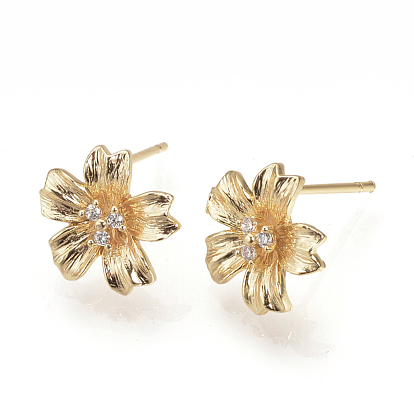 Brass Ear Studs, with Rhinestone, Flower, Nickel Free