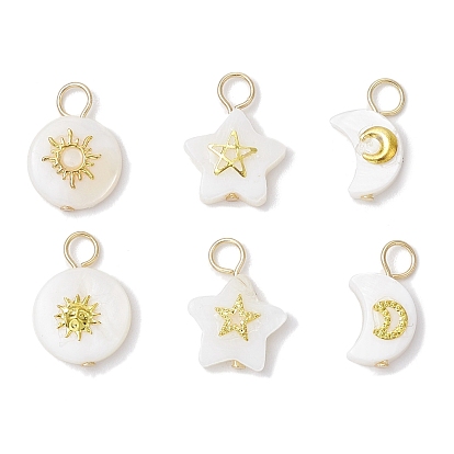 6 шт 6 стили натуральные пресноводные ракушки плоские круглые звезды луна подвески, с золотистыми латунными пластинами