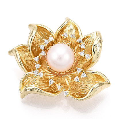Natural Pearl Flower Brooches for Women, Brass Pave Cubic Zirconia Pins