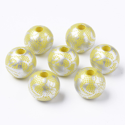 Painted Natural Wood European Beads, Large Hole Beads, Printed, Round with Flower Pattern