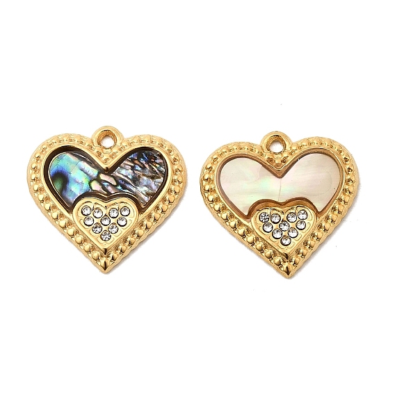 Природные подвески оболочки, подвески в форме сердца с 304 оправами из хрустальных страз из нержавеющей стали, ионное покрытие (ip), реальный 18 k позолоченный