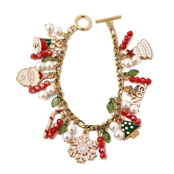 Браслеты шарма сплава эмали темы рождества, браслеты из цепочек панцирного плетения для женщин, со стеклянными и жемчужными бусинами, с 304 из нержавеющей стали тумблеров застежками