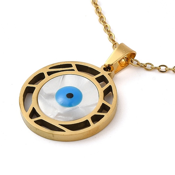 Evil Eye Natural Shell with Enamel Pendant Necklaces, with 304 Stainless Steel Cable Chains
