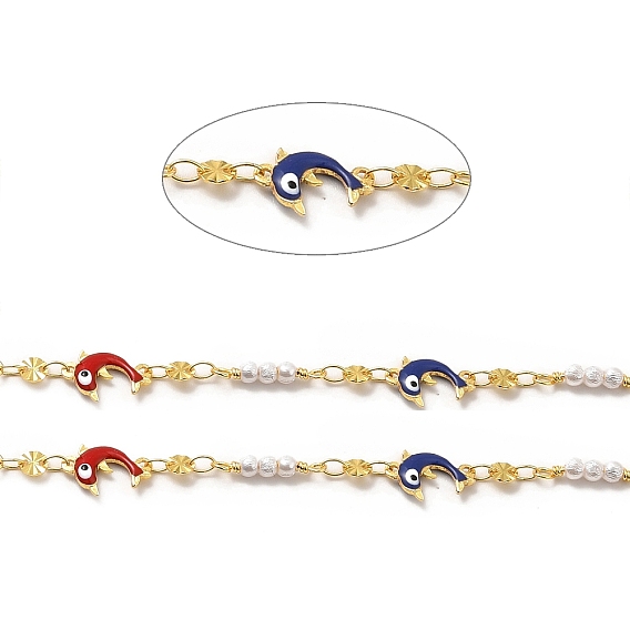 Colorful Enamel Dolphin with Evil Eye & Brass Flat Round Link Chains, with ABS Plastic Imitation Pearl Beaded, Soldered, with Spool