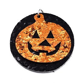 Halloween Theme Imitation Leather Pendant, with Iron Jump Ring, Flat Round with Pumpkin