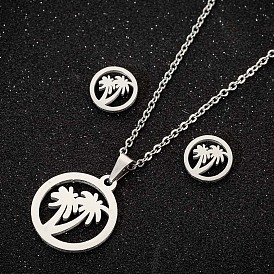 Chic Stainless Steel Coconut Tree Earrings and Necklace Set with Geometric Circle Cutouts for Women