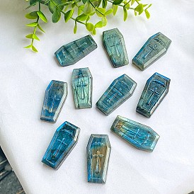 Natural Labradorite Carved Healing Coffin with Cross Figurines, Reiki Energy Stone Display Decorations