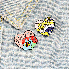 Adorable Enamel Alloy Cartoon Girl Brooch Pin with Heart-shaped Telephone Badge